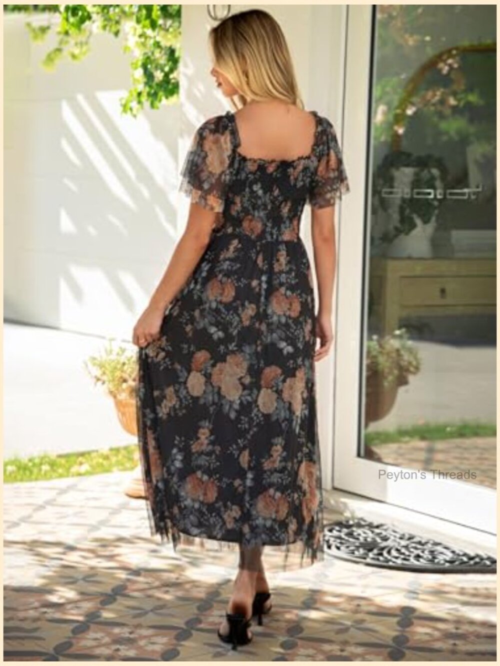 Square Neck Mesh Short Sleeve Smocked Flowy Boho Maxi Dress - Picture 3 of 7